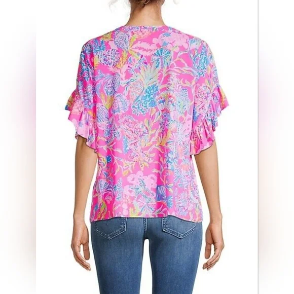 NWT Lilly Pulitzer Quinna Short Sleeved Top Pink Isle Shell Me Something Good S - Picture 2 of 6